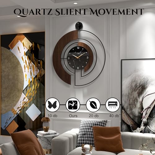 Modern Walnut Marble Dial Wall Clock, Large Wood Metal Frame Silent Non Ticking Wall Clocks for Living Room, Bedroom Decoration, Contemporary Home Wall Decor Gift Idea, 22 in - size: 1.Large(22 in)