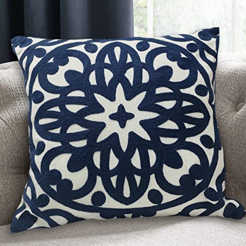 Alysheer Embroidered Decorative Throw Pillow Cover 18x18 inch, Cozy Warm Boho Mandala Chic Knit Pattern Durable 100% Cotton Canvas Cushion Case for Sofa Couch Living Room Bedroom Gifts (Navy Blue) - color: Navy, size: 18" x 18" (Pack of 1)