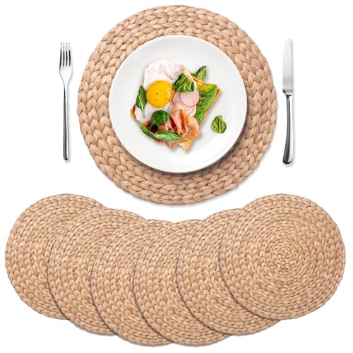6 Pack, Round Woven Placemats, Natural Water Hyacinth Place mats, Braided Straw Table Mats for Dining Table, Christmas Placemats Set of 6 (15 inch) - size: 15 inch (Set of 6)