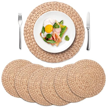 6 Pack, Round Woven Placemats, Natural Water Hyacinth Place mats, Braided Straw Table Mats for Dining Table, Christmas Placemats Set of 6 (15 inch) - size: 15 inch (Set of 6)