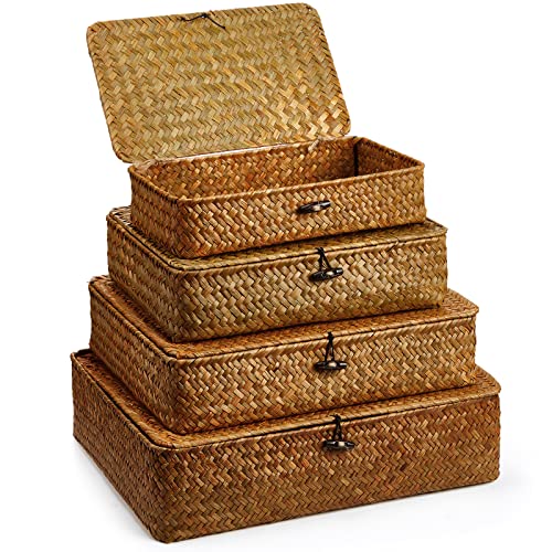 Didaey Set of 4 Seagrass Basket with Lid Wicker Storage Basket Decorative Storage Boxes with Lids Flat Storage Bins Woven Organizer Baskets for Shelf Closet Bedroom, 4 Sizes (Brown) - color: Brown