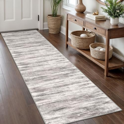KOZYFLY Modern Abstract Washable Rug Runner 2x8 Hallway Runner Rug Non-Slip Soft Kitchen Runner Rugs, Print Grey/Light Beige/Brown Striped Carpet Runner for Entryway Bathroom - color: Grey/Light Beige/Brown, size: 2' x 8' (Runner)