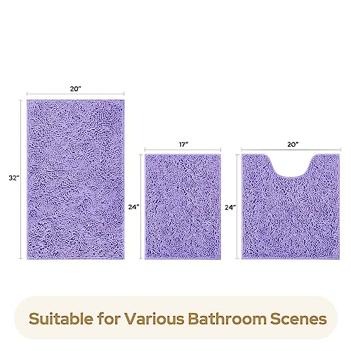 HOMEIDEAS 3 Pieces Bathroom Rugs, Ultra Soft Non Slip Absorbent Chenille Toilet Bath Mat Set (Lavender) - color: Purple-lavender, size: 17"x24"+20"x32"+U Shape 20"x24"