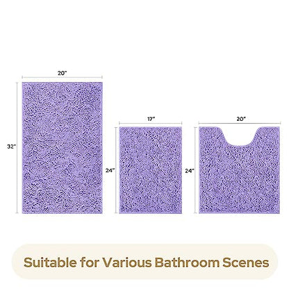 HOMEIDEAS 3 Pieces Bathroom Rugs, Ultra Soft Non Slip Absorbent Chenille Toilet Bath Mat Set (Lavender) - color: Purple-lavender, size: 17"x24"+20"x32"+U Shape 20"x24"