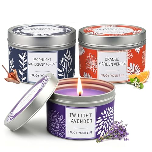 Scented Candle Gift Set for Women, 3 Pack Large Soy Wax Candles in Tins, 6.2 oz Each, 30-35 Hr Burn, Lavender, Orange Blossom & Mahogany Woods - size: Large 3-Tin Candle Set