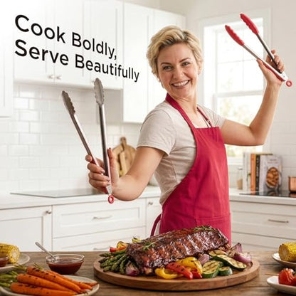 Kitchen Mama DuoEssentials Cooking Tongs Set, Red | Silicone Tip, Stainless Steel, Locking Ring, Heat Resistant, Non Stick Cookware Safe - color: Red