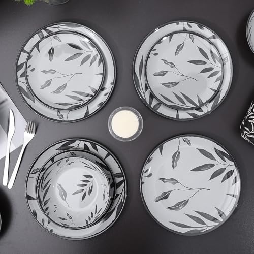 12pcs Dinnerware Set, Melamine Plates and Bowls Sets, Grey Leaves | Farmhouse Tableware Service for 4, Unbreakable Dinner Salad Dessert Plate, Cereal Bowl Set for Outdoor, Durable RV Dishes - color: Grey Leaves