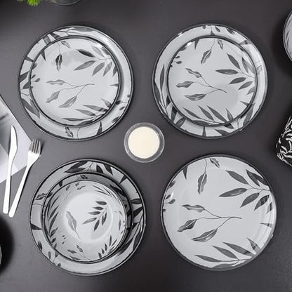 12pcs Dinnerware Set, Melamine Plates and Bowls Sets, Grey Leaves | Farmhouse Tableware Service for 4, Unbreakable Dinner Salad Dessert Plate, Cereal Bowl Set for Outdoor, Durable RV Dishes - color: Grey Leaves