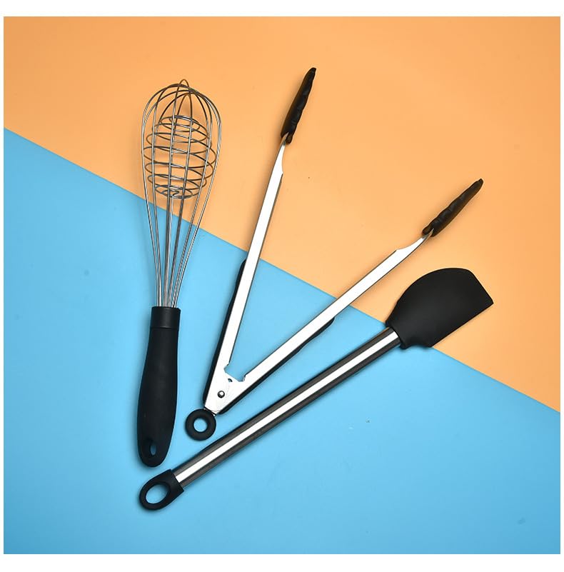 9-Piece Silicone Cooking Utensils Set with Holder, Heat Resistant Kitchen Utensils Set of Slotted Spatula, Spoons, Whisk, Tong, Non Toxic Black Kitchen Tool Set for Nonstick Cookware, Black