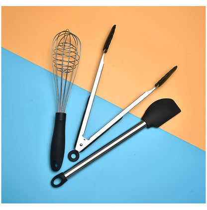 9-Piece Silicone Cooking Utensils Set with Holder, Heat Resistant Kitchen Utensils Set of Slotted Spatula, Spoons, Whisk, Tong, Non Toxic Black Kitchen Tool Set for Nonstick Cookware, Black