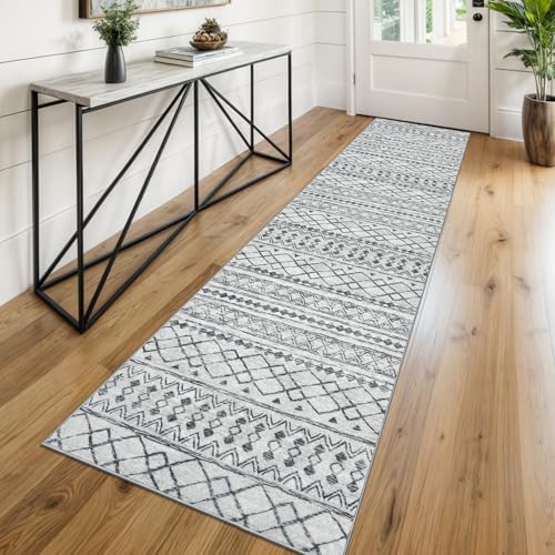 KUTA Boho Runners for Hallways 2x8 Grey Moroccan Washable Runner Rug | Non-Slip, Non-Shedding, Low Pile, Ultra Soft Geometric Floor Carpet Rugs for Kitchen Entryway Bathroom Bedroom Laundry Foyer - color: Grey, size: 2' x 8' (Runner)