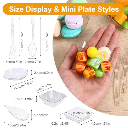 200 Pcs Mini Appetizer Plates Dessert Cups Set, Plastic Party Trays | Disposable Tasting Serveware for Weddings Events Birthday, Gold,6 Shapes with 50 Spoons 50 Forks 100 Plates,Lightweight