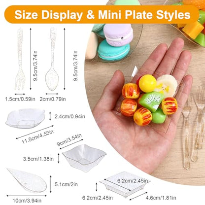 200 Pcs Mini Appetizer Plates Dessert Cups Set, Plastic Party Trays | Disposable Tasting Serveware for Weddings Events Birthday, Gold,6 Shapes with 50 Spoons 50 Forks 100 Plates,Lightweight