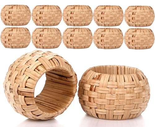 ALPHA Living HOME Farmhouse Napkin Rings - Rustic Natural Cane & Jute Serviette Holders for Elegant Table Decor, Weddings, Thanksgiving, and Everyday Dining- Set of 12 (Natural) - color: Natural, size: 12- Pack