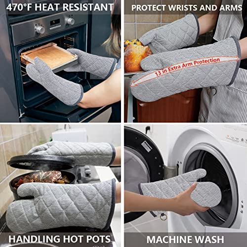 Yarn Dyed Oven Mitts 1 Pair, 100% Cotton Heat Resistant 470 Degree | Oven Gloves for Men Women Cooking Baking Barbecue BBQ Microwave Crafting Machine Washable Pot Holders Mittens (Grey 2) - color: Gray