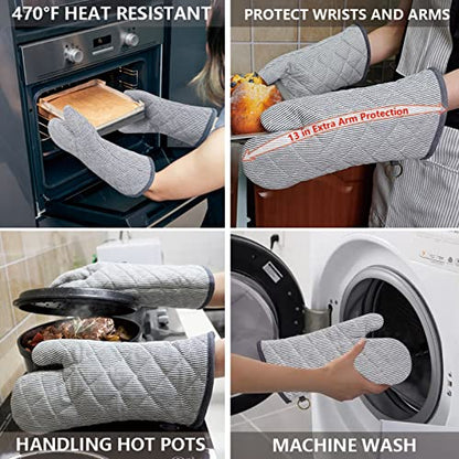Yarn Dyed Oven Mitts 1 Pair, 100% Cotton Heat Resistant 470 Degree | Oven Gloves for Men Women Cooking Baking Barbecue BBQ Microwave Crafting Machine Washable Pot Holders Mittens (Grey 2) - color: Gray