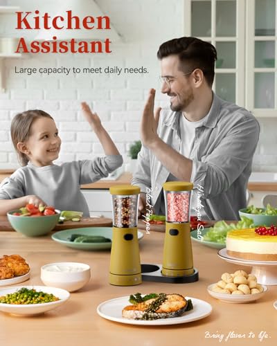 Electric Salt and Pepper Grinder Set with Storage Base, Stainless Steel Rechargeable Salt and Pepper Grinder Set with 4.5 oz Large Capacity, 1.8" Wide Mouth, Adjustable Coarseness, Ideal for Kitchen - color: Yellow