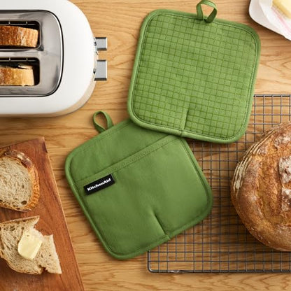 KITCHENAID Gourmet Series Gridlines Pot Holders 2-Pack Set, Heat Resistant up to 600°F, Soft Silicone Grip, Magnetic Cuff, Matcha Green, 8"x8" - color: Matcha Green