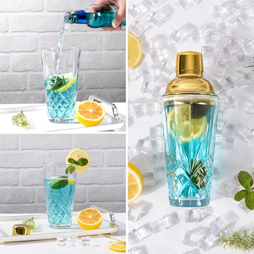Glass Cocktail Shaker Set with Gold Lid,Cocktail Shaker Glass Kit with Built-in Strainer, Jigger, Bar Spoon & Muddler, Leakproof Glass Shaker for Home Bar, Cocktails, Martini, Gift(4-Piece)