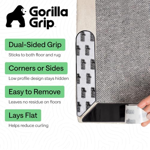 GORILLA GRIP® Rug Grippers, Extra Long Reusable Double-Sided Adhesives Pads Keep Area Rugs Corners Flat, Grips Hardwood, Tile and Laminate Floors, Renter Friendly, Holds Down Carpet in Place, 8 Pcs
