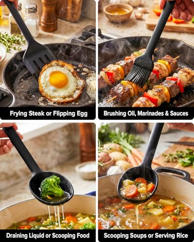 Silicone Kitchen Utensils Set, Heat Resistant Cooking Utensil with Spoon, Scraper, Spatula, Basting Brush & Tongs, BPA-free Non-stick Cookware for Frying, Basting, Serving, Grilling (6 Pack) (BLACK) - color: Black