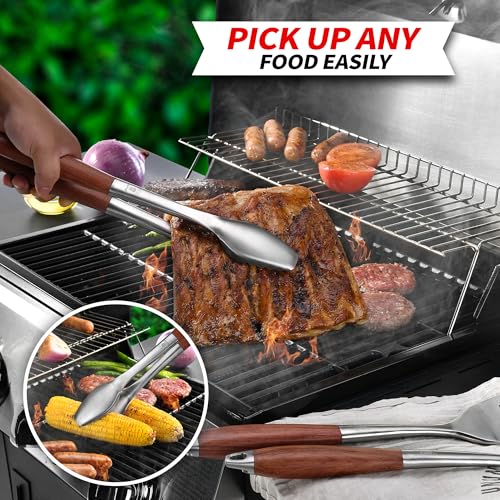 GRILAZ Heavy-Duty Rose Wooden BBQ Grilling Tools Set. Extra Thick Stainless Steel Multi-Function Spatula, Fork & Tongs | Essential Accessories for Barbecue & Grill. Ideal Gift for Father…