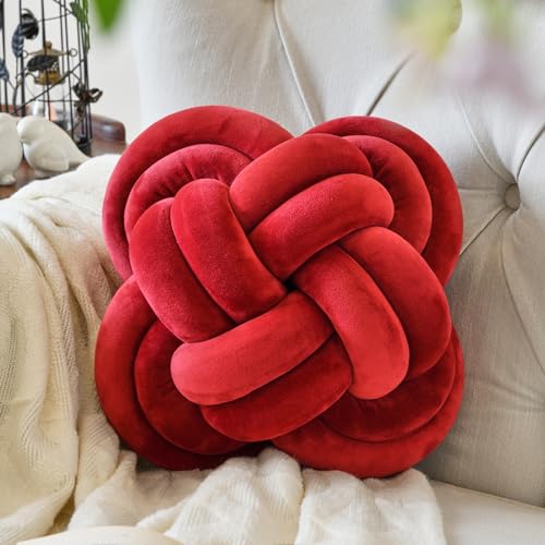 Knot Pillow Ball, 12" Decorative Throw Pillows for Couch Bed, Wine Red | Decor Knotted Square Floor Pillow Cushions with Velvet Fabric for Bedroom Living Room - color: Wine Red