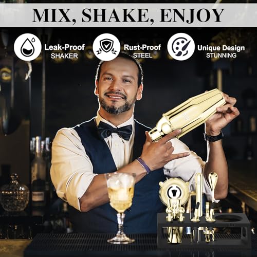 IOV Mixology Bartender Kit With Stand | 12-Piece Cocktail Shaker Set | 24oz Martini Shaker Set For Drink Mixing | Bar Set Includes All Bar Tools And Recipe Booklet | Fun Housewarming Gift (Gold) - color: 12 Pcs - Gold