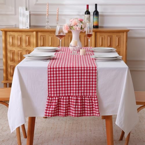 Red White Plaid Gingham Ruffle Table Runner 108 inches Long 100% Washed Cotton Decorative Farmhouse Cabinet Cover (Red, 108"x13") - color: Red, size: 108"x13"