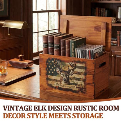 Novabright Solid Pine Wooden Storage Box with Lid, Rustic Elk Decorative Crate for Men’s Desk, Man Cave, Dad, Father's Day, Remote Controls, Books, Keepsakes and Cabin Decor Gift