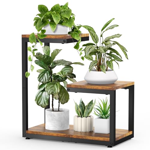 3 Tier Plant Stand Indoor, Thickened Metal Wood Corner Plant Shelf Stands for Multiple Plants, Indoor Tall Plants Stand Tiered Flower Holder for Living Room Patio Garden Balcony(Black+Brown) - color: Black+Brown, size: 3 Tier