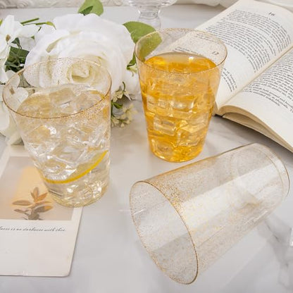I00000 200 Pack 12 oz Gold Glitter Cups, Premium Clear Disposable Gold Cups | Gold Plastic Wine Glasses, Cocktail Glasses, Heavy Duty, Elegant Glitter Plastic Cups for Birthday, Wedding & Party - color: Glitter-12oz-200