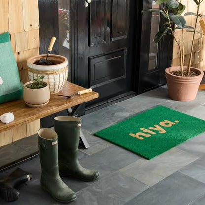 TOWN & COUNTRY TERRA Hiya Painted Welcome Door Mat, Natural Coir, Heavyweight, Non-Slip Entryway Mat, Green, 24"x36" - color: Green, size: 2' x 3' (Rectangular)