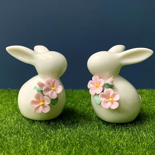 Set of Mini Ceramic Rabbit Figurines, Porcelain Easter Bunny Decorations for Home, Tabletop Ornament, Tea Ceremony Pet (2-Flower)