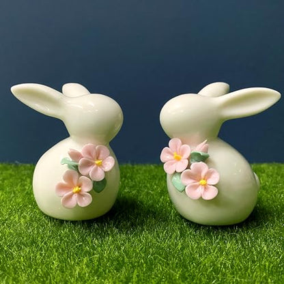 Set of Mini Ceramic Rabbit Figurines, Porcelain Easter Bunny Decorations for Home, Tabletop Ornament, Tea Ceremony Pet (2-Flower)