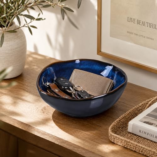 8" Blue Ceramic Decorative Bowl, Ceramic Fruit Bowl, Key Bowl for Entryway Table, Candy Dishes, Fruit Bowl for Kitchen Counter, Blue Small Jewelry Trinket Dish for Bedroom, Bedside Table, Living Room - size: 8in