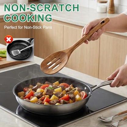 Wooden Spoon for Cooking Utensil Non Toxic Serving Mixing Slotted Spoon Set | Acacia Wood Utensils for Cooking Spoons Large Kitchen Spatula Long Stirring Spoon Scoop Korean Teak Soup Ladle Baking Spoon - color: SLOTTED+COOKING SPOONS