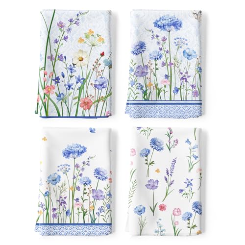 Wildflower Tea Towels, 100% Cotton Kitchen Towels, Set of 4 | 18.9 x 27.5 in / 48 x 70 cm, Lightweight Woven Dish Cloth with Wildflower Print for Kitchen Decor, Housewarming Gift - color: Wildflower