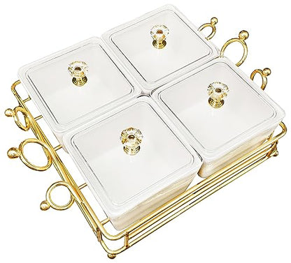 YA JU Ceramic Bowls and with Lid Gold Basket Trays, 4 Removable Small Bowls Condiment Trays Nut Serving Set for Snacks, Fruits, Candy and Condiments - Great for Parties, Holiday Gifts,White - color: White 4 Removable snack Bowls