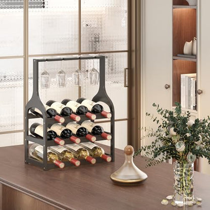 Bamboo Wine Rack Countertop, Small Free Standing Racks Tabletop Display | 12 Wine Bottles and 4 Glass Holder | Wooden Wine Storage Organizer Shelves for Kitchen Bar, Cellar, & Dining Room | Black - color: Black With Glass Holder