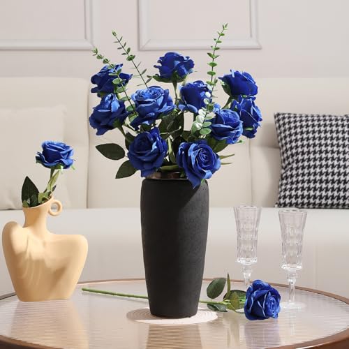 Tifuly Royal Blue Roses Artificial Flowers -12 pcs Realistic Single Long Stem Fake Silk Roses Bouquet for Party Home Wedding Centerpiece Office DIY Decor | 12 pcs Realistic Single Long Stem Fake Silk Roses Bouquet for Party Home Wedding Centerpiece Office