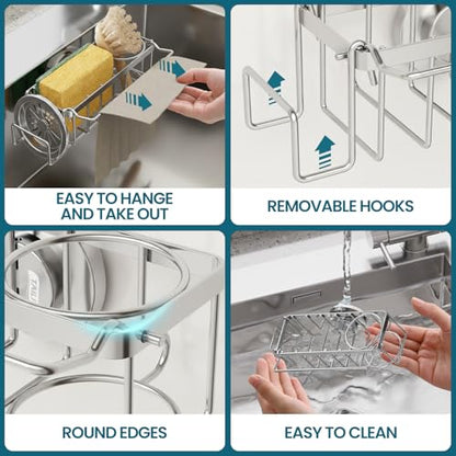 TAILI 4-in-1 Sponge Holder for Kitchen Sink with Strong Suction Cup-Silver | Removable Rustproof 304 Stainless Steel Multi-compartment Sponge Holder with Suction Cup, Keeps Brushes & Scrubbers Tidy - color: Silver, size: 7.28" x 2.36"