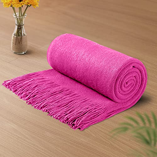 Vonty Hot Pink Knitted Throw Blanket with Tassels Fringe, 50x60 Acrylic | Super Soft And Lightweight, Year-Round Cozy Warmth, Farmhouse Decorative Style, Machine Washable, for Couch, Sofa or Bed - color: Hot Pink, size: 50" x 60"