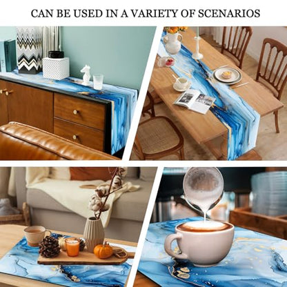 Mcalk Blue Marble Table Runner and Placemats Set of 6, Marble Print Placemats, Modern Cloth Place Mats Indoor for Kitchen,Washable Linen Material for Dining Table - color: 02blue
