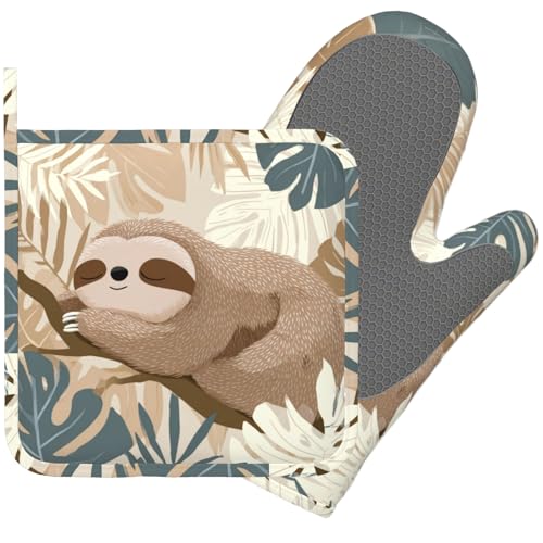 Sloth Boho Palm Leaves Oven Mitt and Pot Holder with Silicone Heat Resistant Kitchen for Cooking BBQ Baking Grilling Cooking Protection - color: Sloth Boho Palm Leaves