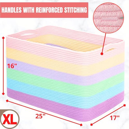 112L Extra Large Blanket Basket Holder Living Room, 25"x17"x16" Rectangle Rope Woven Storage Basket with Handles for Laundry, Towels, Shoes, Dog Toy Organizer Bin Box, Pastel Rainbow