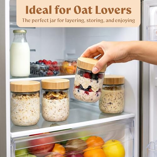 Overnight Oats Containers with Lids - Glass Mason Jars, Meal Prep | Bamboo Wood, Airtight Silicone Seal Set of 4 - Stackable for Chia Pudding, Yogurt, Cereal, Oatmeal, Salad, Pantry Storage - color: 4 pack - Bamboo Lid no Spoons