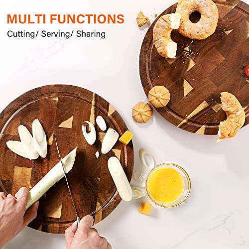 End Grain Butcher Block Round 12 IN, Premium Acacia Wood Cutting Board with Juice Groove, TJ POP Medium Chopping Board for Kitchen, 1 IN Thick - color: End grain-round