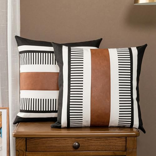 Set of 2 Striped Boho Throw Pillow Covers 16x16 inch, Modern Leather Pillow Cover for Couch Sofa Bed, Farmhouse Decor Patchwork Accent Pillowcase, Black - color: Black, size: 16" x 16" (Pack of 2)