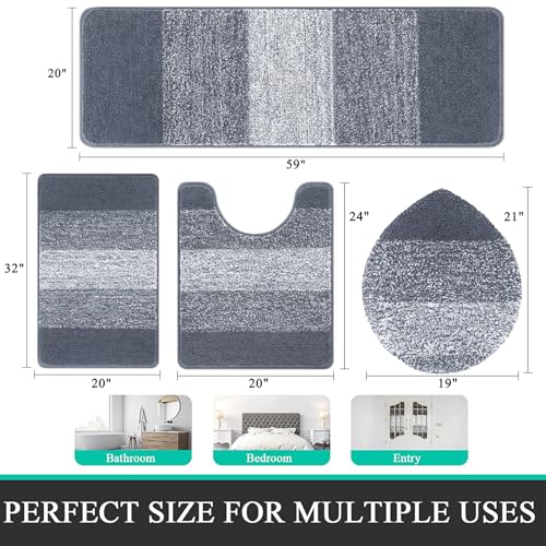 Bsmathom Bathroom Rug Set 4 Piece, Plush Microfiber Bath Mat, Dark Gray | Extra Water Absorbent, Non Slip Washable Runner Bath Rugs with Toilet Lid Cover and U-shaped Contour Toilet Mat - color: Dark Grey, size: 20"x31"+20"x59"+U20"x24"+Cover19"x21"
